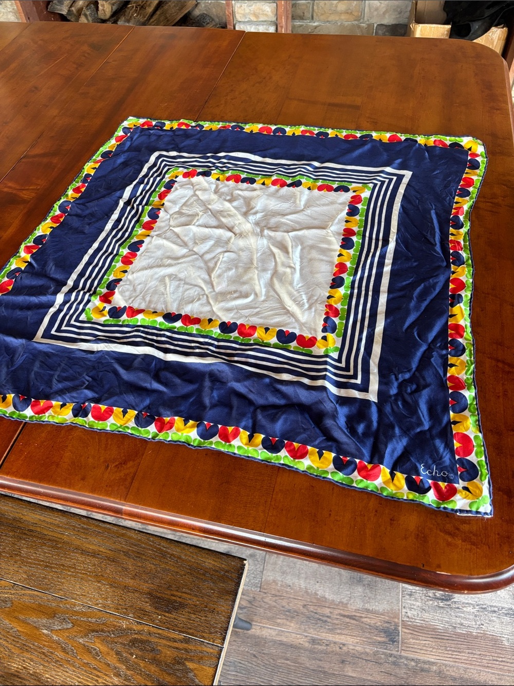 Echo Navy Silk Scarf with Multicolor Heart /flower Border - Picture 2 of 4